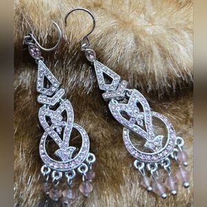 Monet Pink Crystal Dangle Earrings Silver Tone Metal Pierced w/2½" Drop